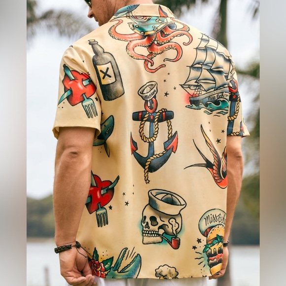 NWT, Hardaddy, Hardaddy Mens Hawaiian Sailing Print Camp Collar Loose Polo, L - Picture 4 of 7